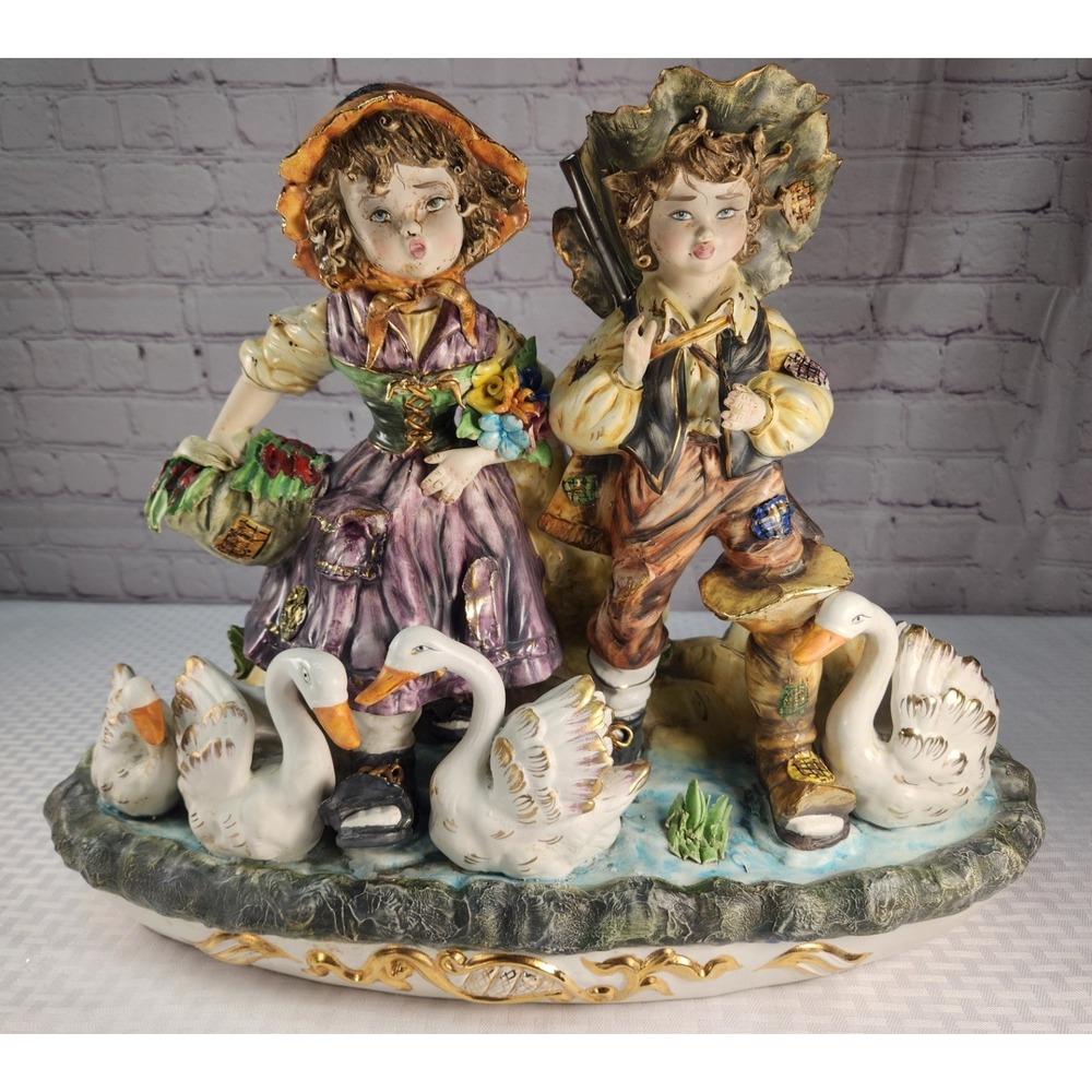 Italy Swan Lake Very Large Vintage Capodimonte Boy Girl Figurine Statue Decor